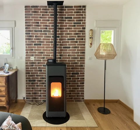 Salon moderne avec poêle à granulés noir en fonctionnement, flammes visibles dans le foyer vitré